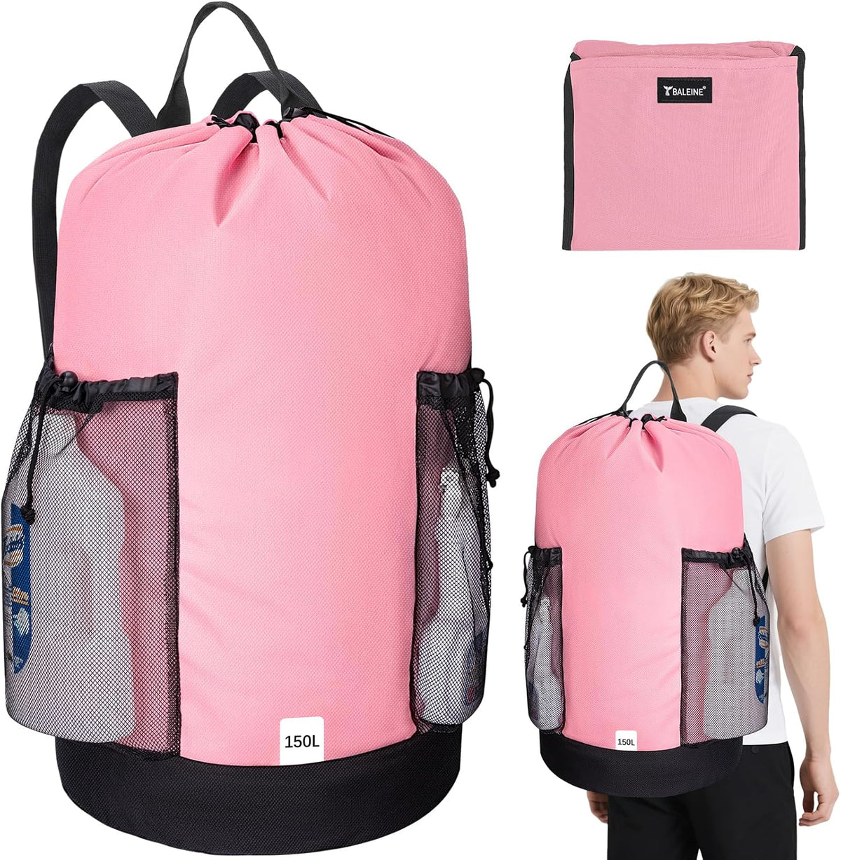 BALEINE 150L Laundry Bag Backpack, 900D Oxford Fabric Large Travel Laundry Bags with Shoulder Straps and 2 Mesh Pockets for College Dorm, Apartment, Laundromat (Pink, 150L)