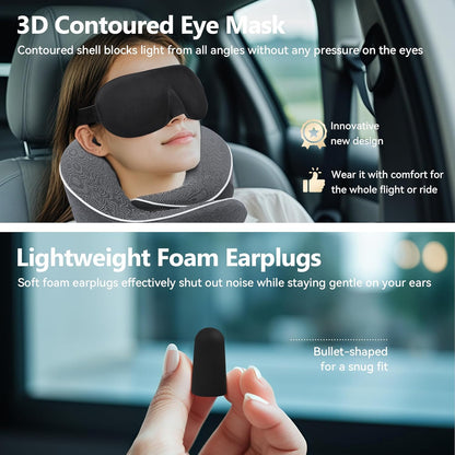 Travel Neck Pillow 100% Memory Foam – Airplane & Car Travel Essentials Kit with 3D Eye Mask, Earplugs & Mesh Bag – Sleeping Support Pillow for Adults (Dark Grey)