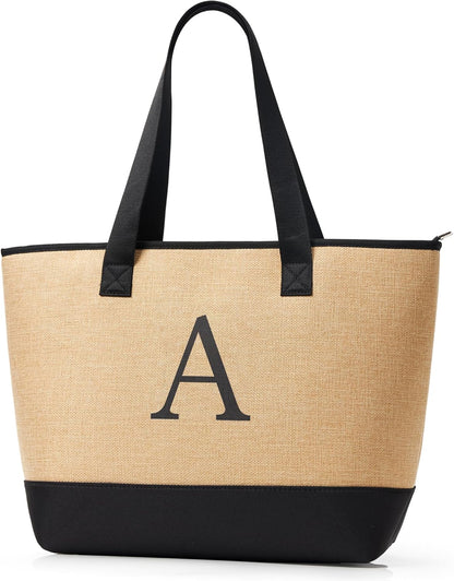 KALIDI Woven Tote Bag for Women, Lightweigh Monogram Beach Bag with Zipper & Sand-Proof Canvas Base, Personalized Gift