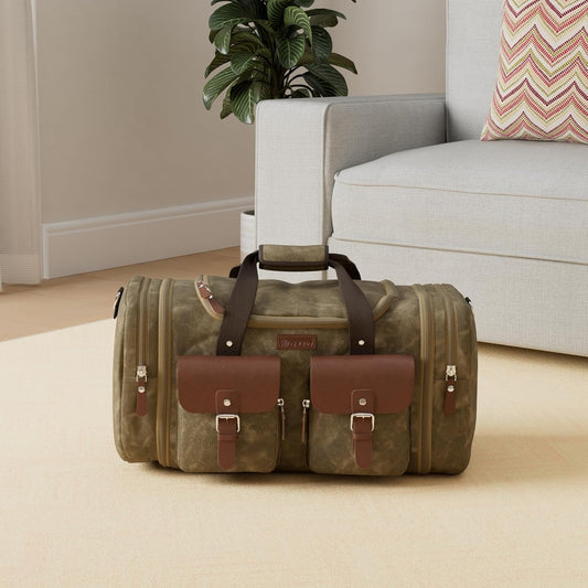 Wildroad Waxed Canvas Duffle Bag - 60L Waterproof Genuine Leather Weekender Overnight Travel Hand Bag