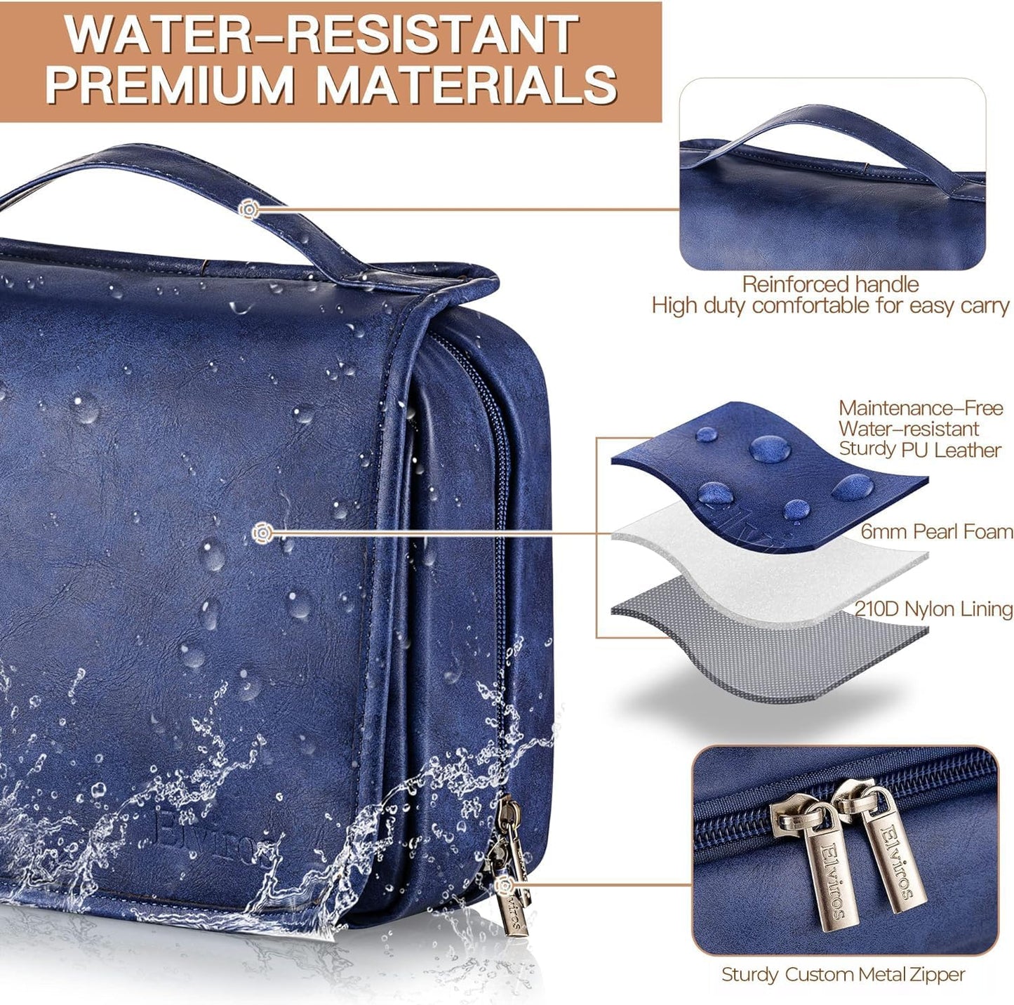 Elviros Hanging Toiletry Bag for Men Travel Essentials 3-in-1 Large Waterproof Dopp Kit PU Leather Shaving Bag with Separate Compartments for Grooming and Toiletries