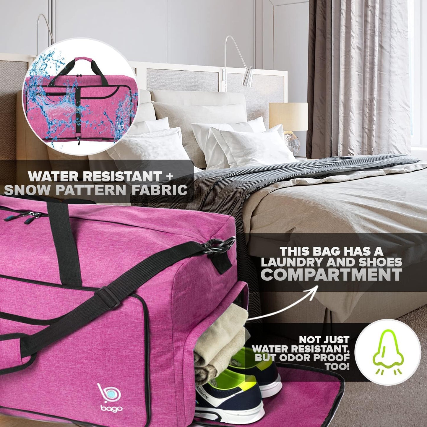 Bago Foldable Duffel Bags for Traveling Women & Men - 60L Medium Packable Duffle Bag for Travel with Shoe Compartment - Water Repellant, Heavy Duty, Lightweight Folding & Collapsible (SnowPink)