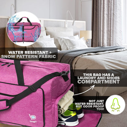 Bago Foldable Duffel Bags for Traveling Women & Men - 60L Medium Packable Duffle Bag for Travel with Shoe Compartment - Water Repellant, Heavy Duty, Lightweight Folding & Collapsible (SnowPink)