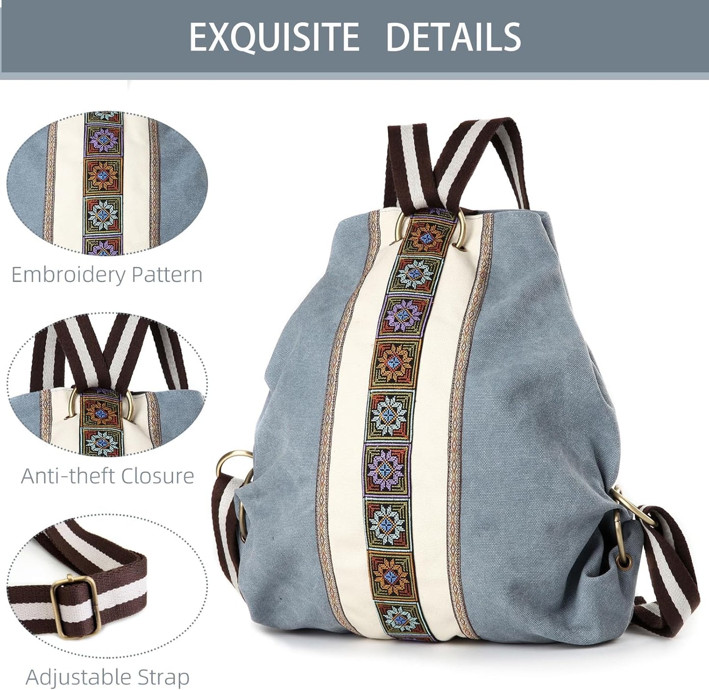 Goodhan Women Canvas Backpack Daypack Casual Shoulder Bag, Vintage Heavy-duty Anti-theft Travel Backpack (Blue Grey)