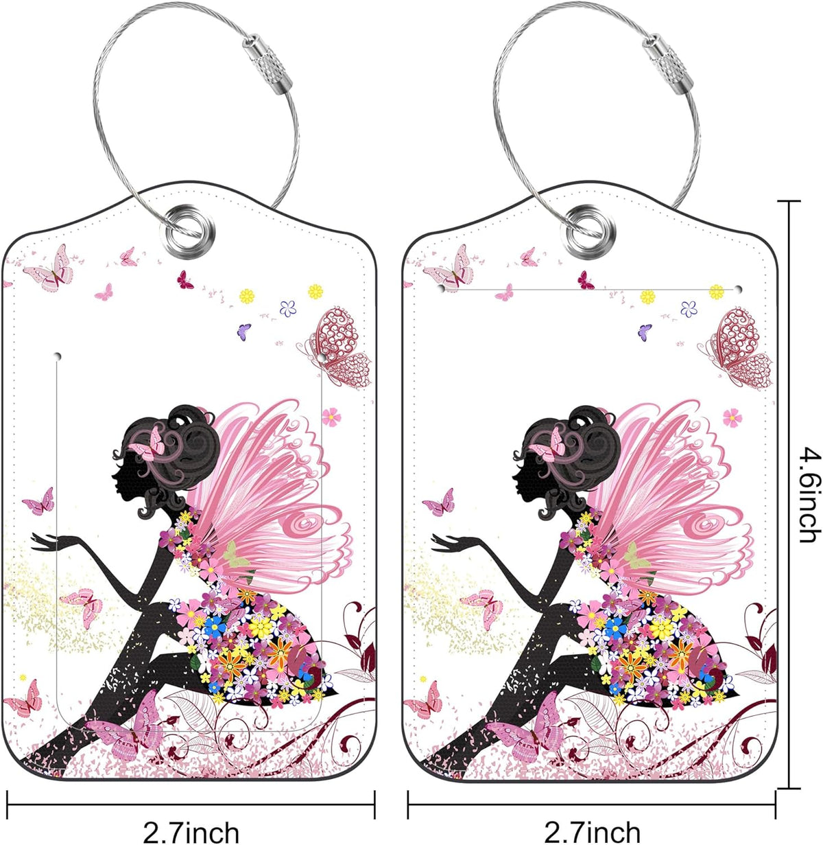 Set of 2 Luggage Tags for Suitcase Flower Fairy and Butterflies Leather Baggage Tags Set with Stainless Steel Loop Name Address Labels Privacy Cover for Men Women Travel Bag Suitcase