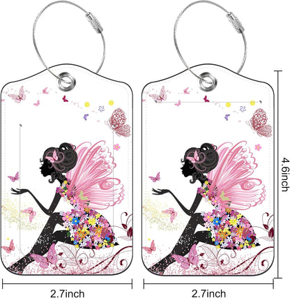 Set of 2 Luggage Tags for Suitcase Flower Fairy and Butterflies Leather Baggage Tags Set with Stainless Steel Loop Name Address Labels Privacy Cover for Men Women Travel Bag Suitcase