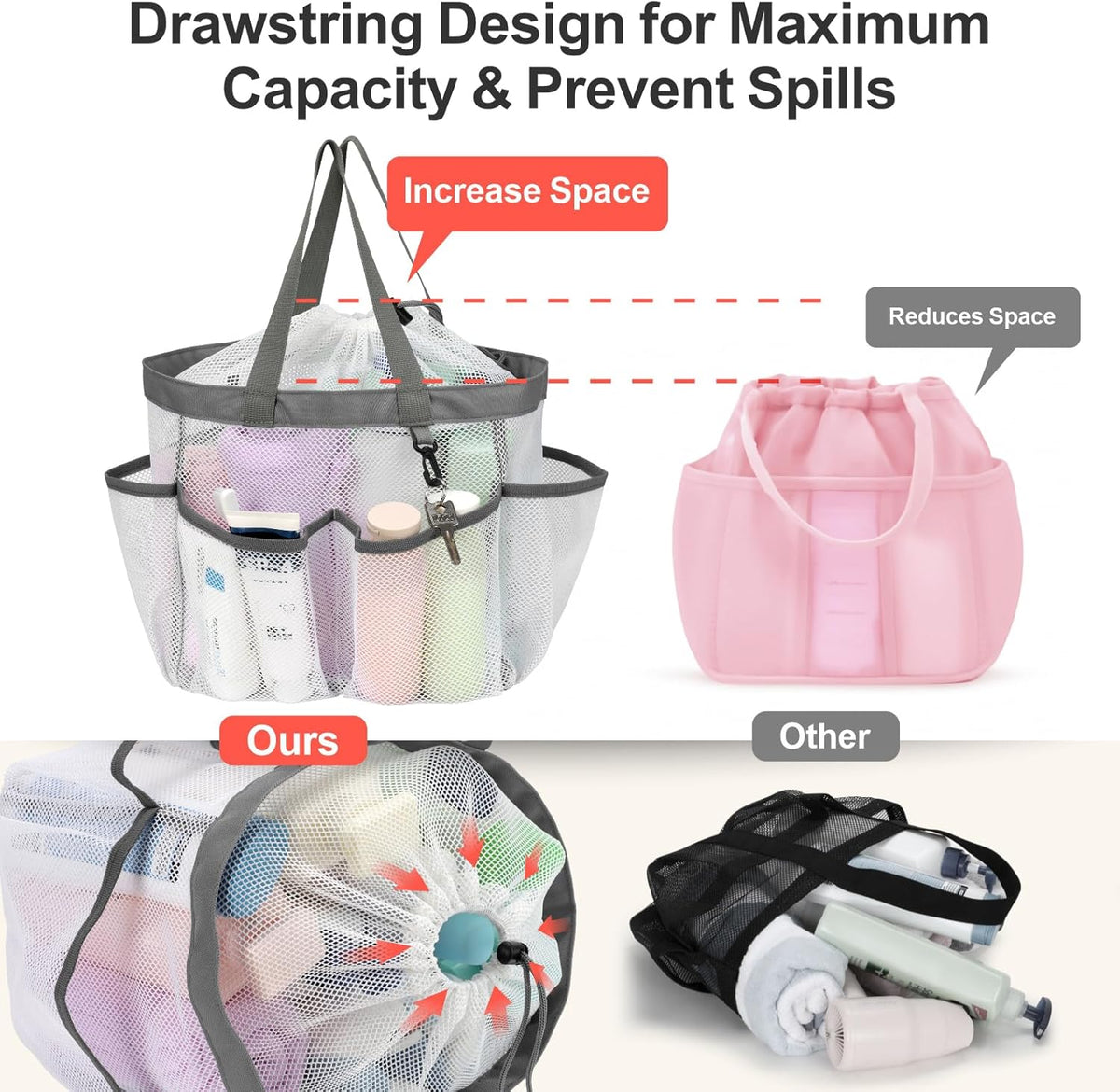 F-color Mesh Shower Caddy Portable with Drawstring - Upgrade Deeper 7 Pockets Dorm Room Essentials for Guys Girls with S Hook, Shower Bag Basket Tote for College Camping Toiletry Bathroom, White