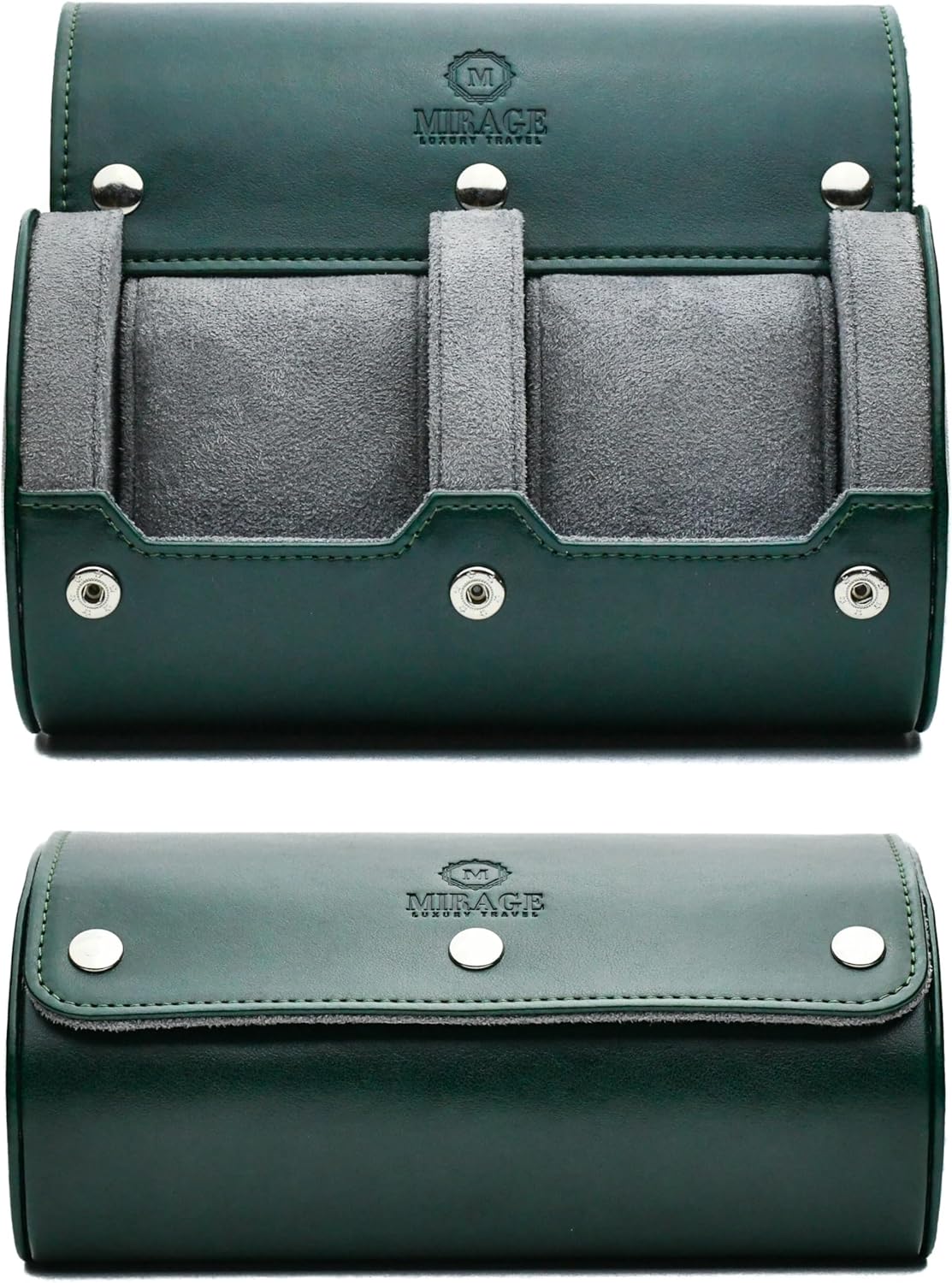 2 Watch Travel Case for Men- Watch Roll Holder and Display - Royal Green Swiss Motif Vegan Leather