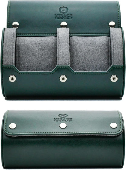 2 Watch Travel Case for Men- Watch Roll Holder and Display - Royal Green Swiss Motif Vegan Leather