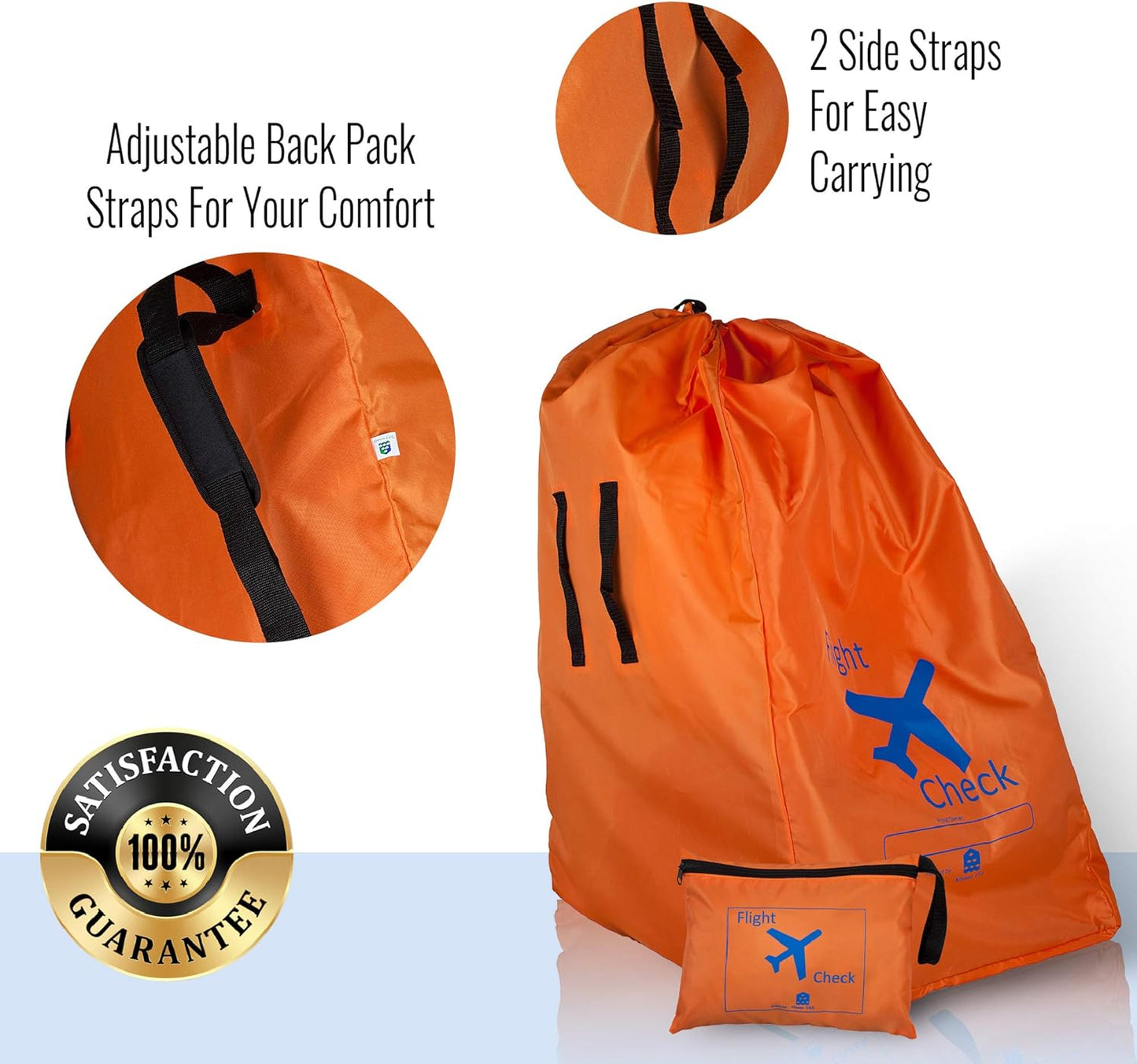 Car Seat Travel Bag and Carrier for Gate Check with Travel Pouch - Bright Orange with Blue Letters for Airport, Airplane Gate Check, Car Trips and Storage Double Backpack Straps | Carseat Bag for sto