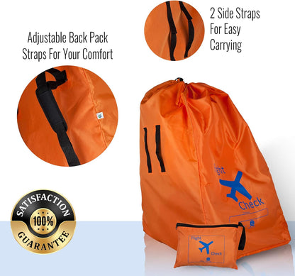 Car Seat Travel Bag and Carrier for Gate Check with Travel Pouch - Bright Orange with Blue Letters for Airport, Airplane Gate Check, Car Trips and Storage Double Backpack Straps | Carseat Bag for sto