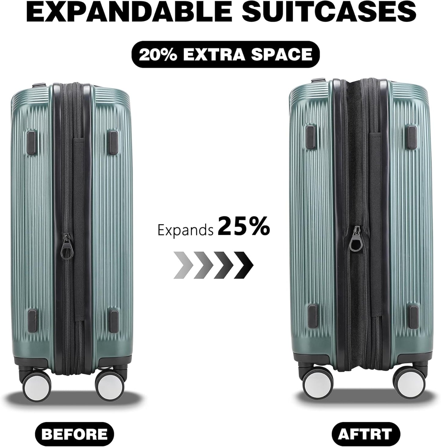 Luggage Sets 2 Piece, 20/28 Inch Lightweight Expandable PC Hardside Durable Suitcases with Spinner Wheels & TSA Lock, Green