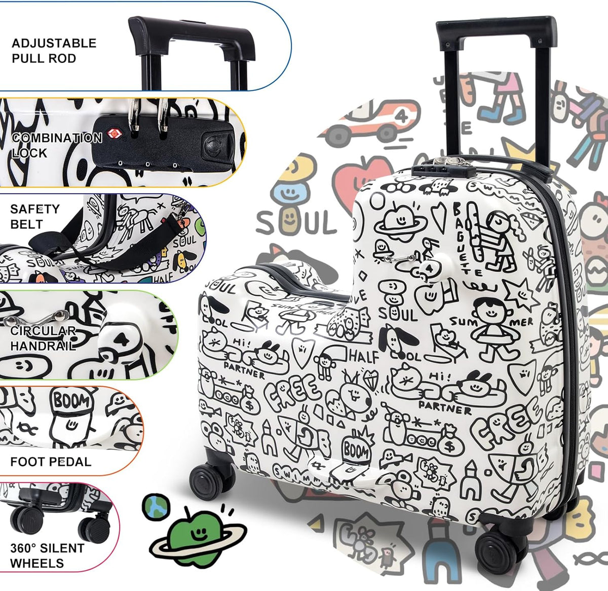 Apelila DIY Coloring Ride On Suitcase for Kids Ages 4-8, 22 Inch Graffiti Rolling Luggage with Spinner Wheels & Safety Belt, Lightweight Travel Checked Suitcase with Combination Lock