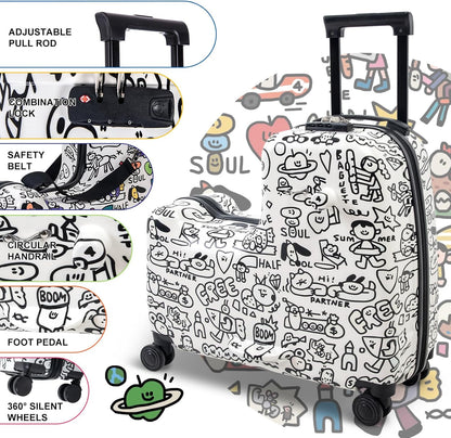 Apelila DIY Coloring Ride On Suitcase for Kids Ages 4-8, 22 Inch Graffiti Rolling Luggage with Spinner Wheels & Safety Belt, Lightweight Travel Checked Suitcase with Combination Lock