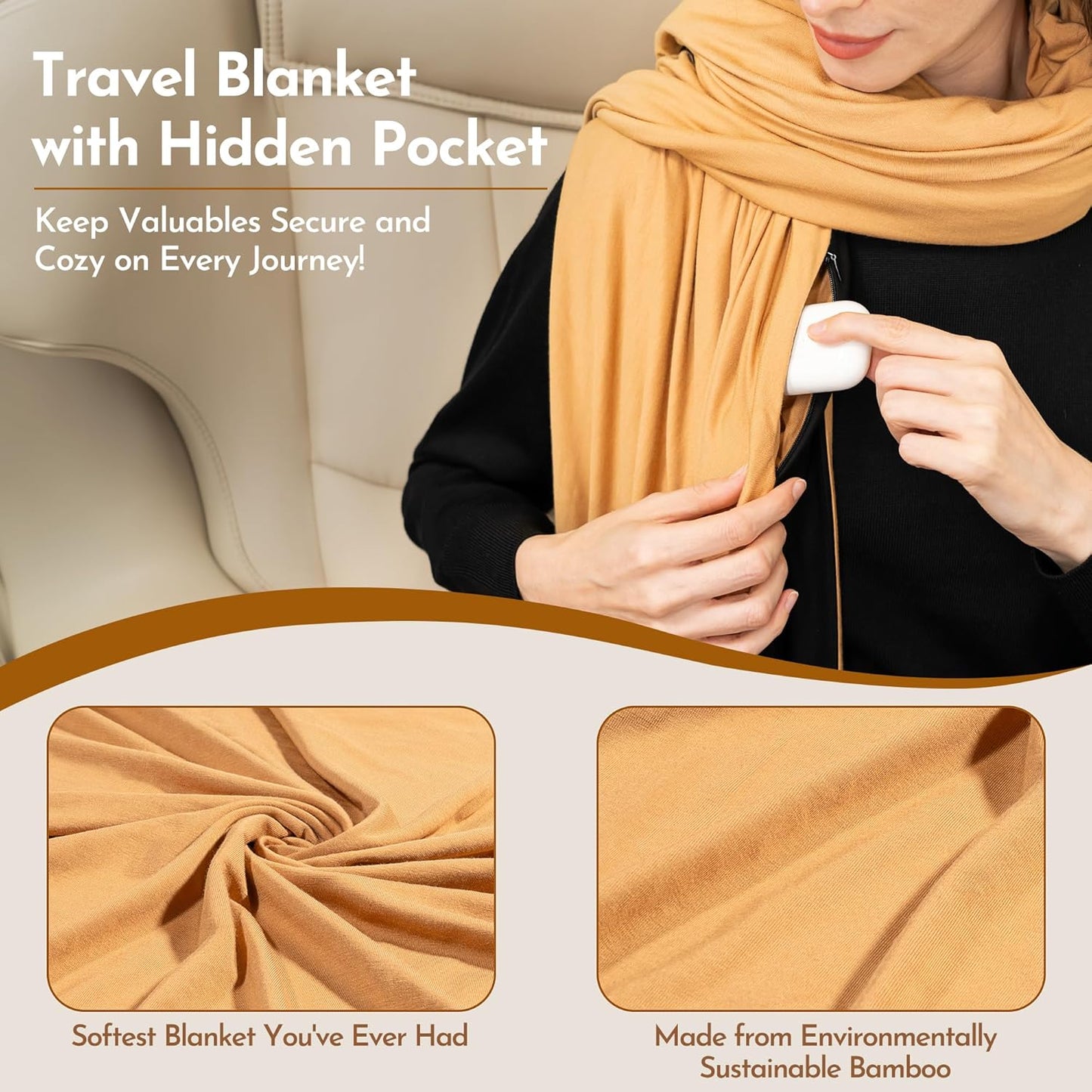 16-in-1 Compact Travel Blanket with Bag – Reversible, Ultra Soft Bamboo Airplane Blanket with Hidden Pocket - Lightweight & Packable for Flights, Camping, Picnic, Travel Essentials
