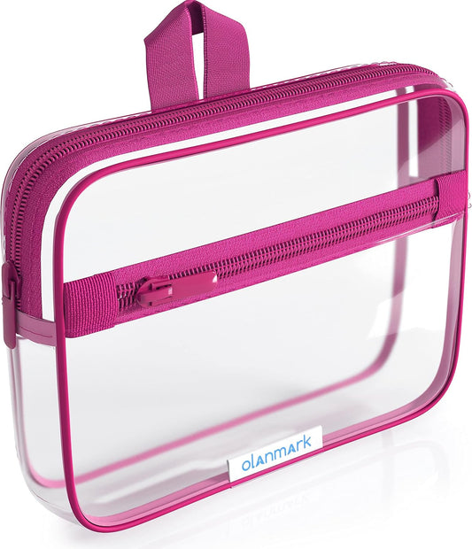 TSA Approved Toiletry Bag 3-1-1 Clear Travel Cosmetic Bag with Handle - Quart Size Bag with Zipper - Carry-on Luggage Clear Toiletry Bag for Liquids - Airport Airline TSA Compliant Color Pink