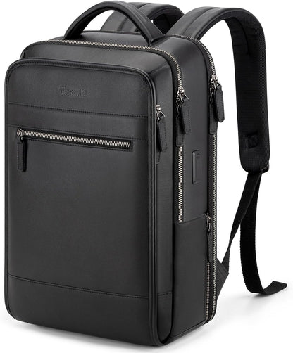 Tzowla Leather Laptop Backpack, Bag for Men and Women,Business Travel Work Rucksack Fits 15.6 Inch Laptop,Bookbag with USB and Type-C Charging Port-Black