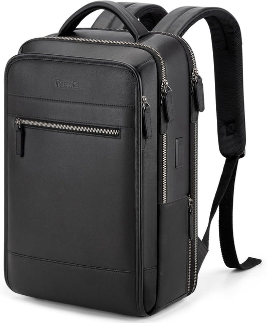 Tzowla Leather Laptop Backpack, Bag for Men and Women,Business Travel Work Rucksack Fits 15.6 Inch Laptop,Bookbag with USB and Type-C Charging Port-Black