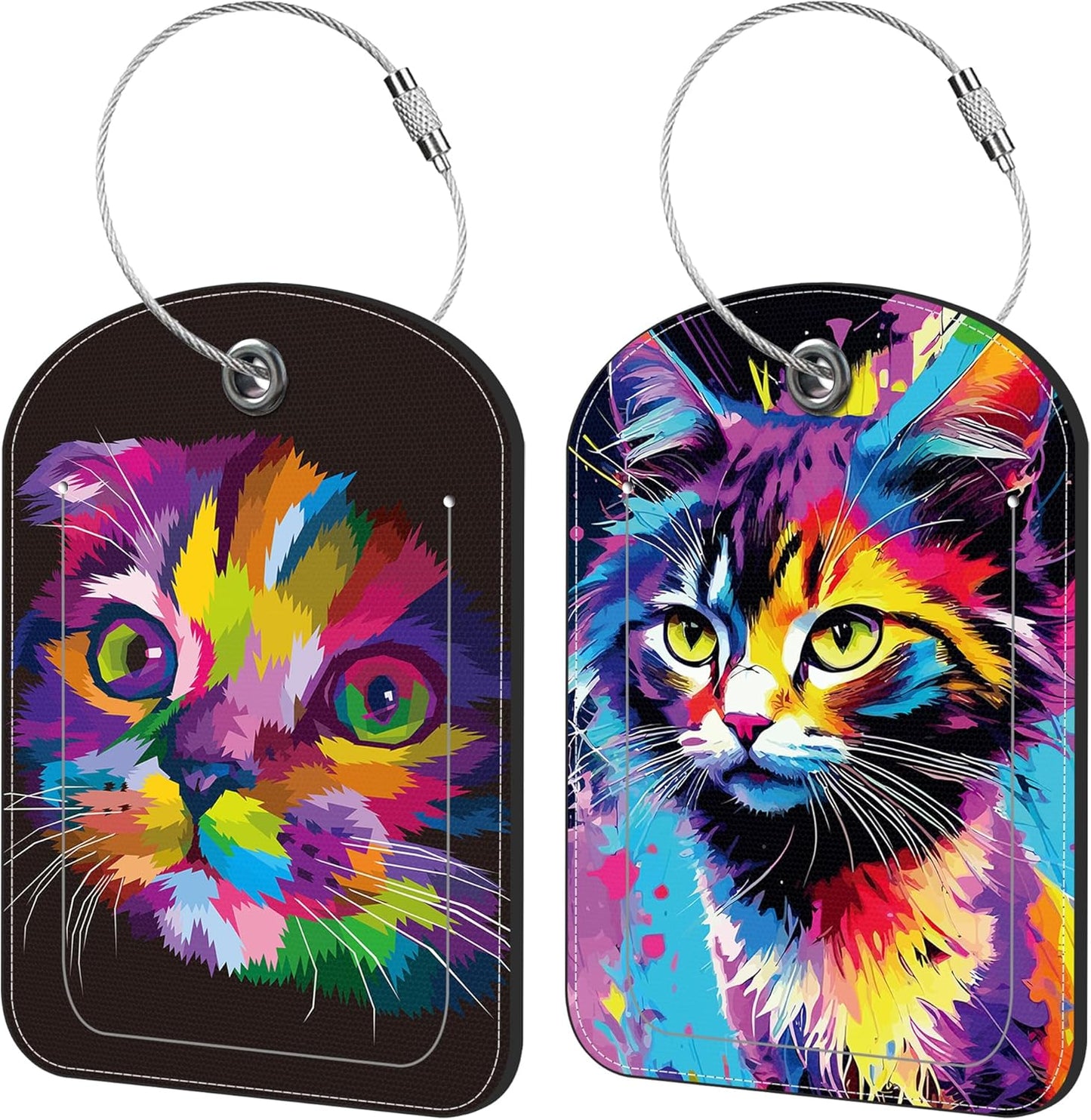 Colorful Cat Luggage Tag for Suitcase Set of 2 PU Leather Cute Luggage Tags with Stainless Metal Loop ID Label Privacy Flap Suitcase Tags for Women and Men Travel