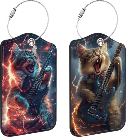 Cat Playing Electric Guitar Luggage Tags for Suitcases Leather Travel Tags for Luggage ID Label with Privacy Cover and Stainless Steel Loop for Men Women Suitcase Backpack, Set of 2