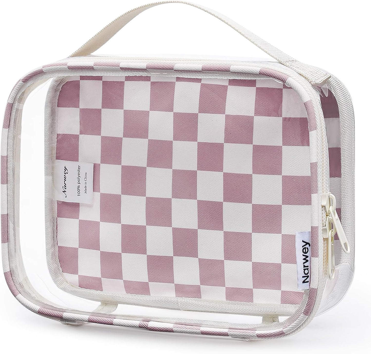 Narwey TSA Approved Clear Toiletry Bag for Travel, Waterproof PVC Clear Makeup Bags, Portable Compact Cosmetic Bag Make Up Organizer, Airport Airline Quart Size Compliant Bag (Dusty Pink Checkerboard)