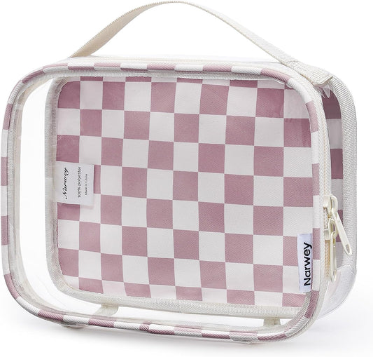 Narwey TSA Approved Clear Toiletry Bag for Travel, Waterproof PVC Clear Makeup Bags, Portable Compact Cosmetic Bag Make Up Organizer, Airport Airline Quart Size Compliant Bag (Dusty Pink Checkerboard)
