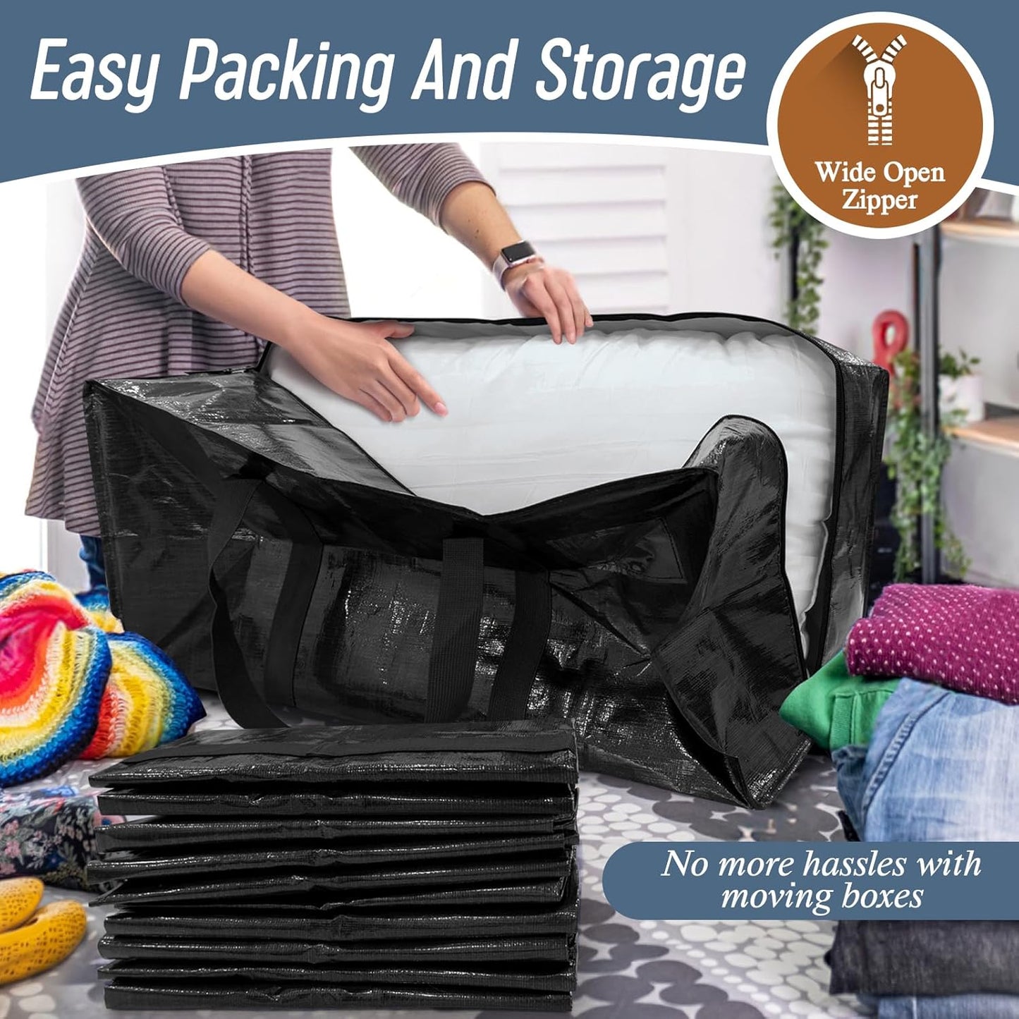 6 Pack Extra Heavy Duty Large Moving Bags with Strong Zipper & Comfortable Handles, Sturdy & Durable Clothes Storage Bags Totes Bins, Packing Moving Boxes for College Supplies, Black