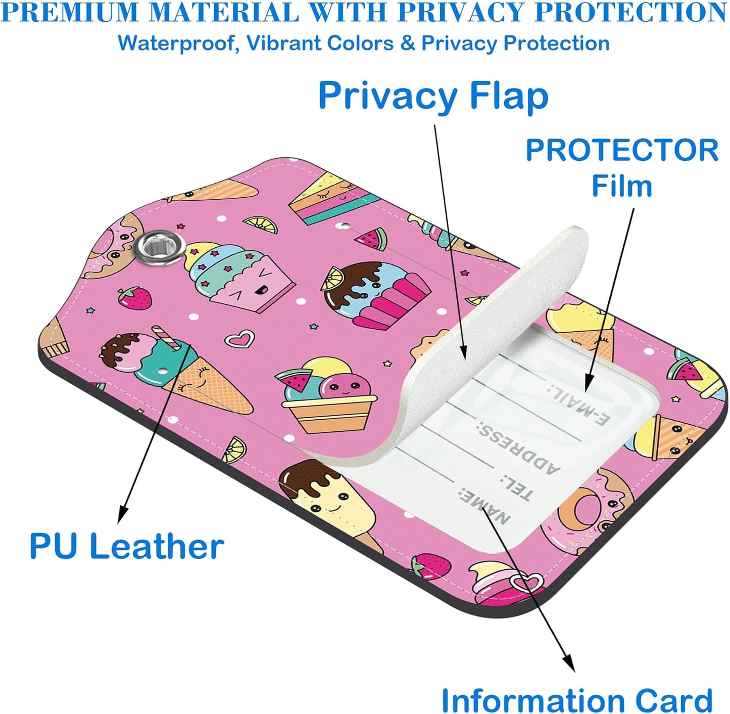 Cute Ice Cream Doole Luggage Tags for Suitcases Leather Travel Tags for Luggage ID Label with Privacy Cover and Stainless Steel Loop for Men Women Suitcase Backpack, Set of 2