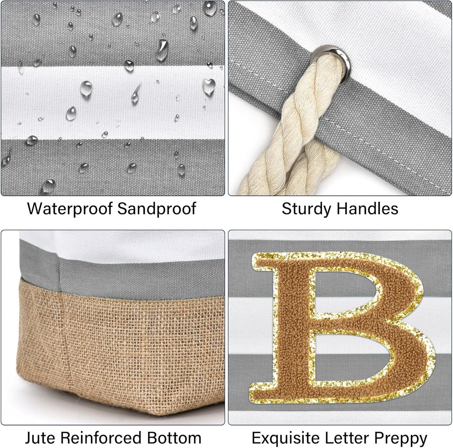 Becokan Beach Bag Initial Beach Tote with Makeup Bag for Travel Work Storage Personalized Birthday Gifts for Women Her