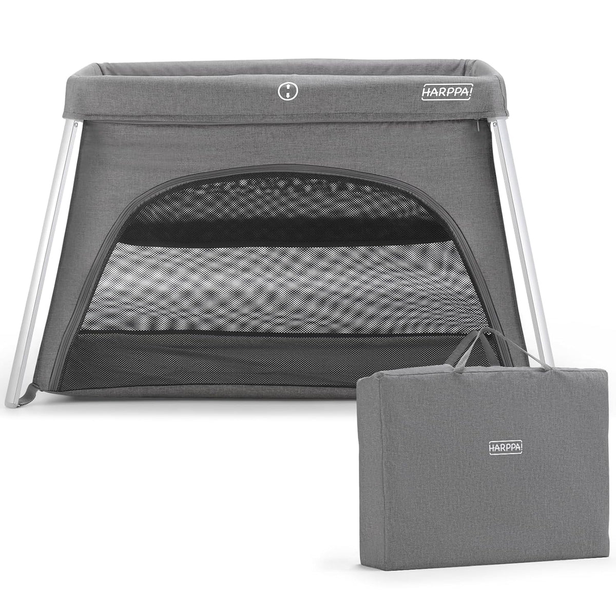 HARPPA Travel Crib with Comfy Mattress, Lightweight Portable Crib Requires No Assembly, Foldable Pack and Play for Baby and Toddlers, Compact Play Yard with Bed,Gray
