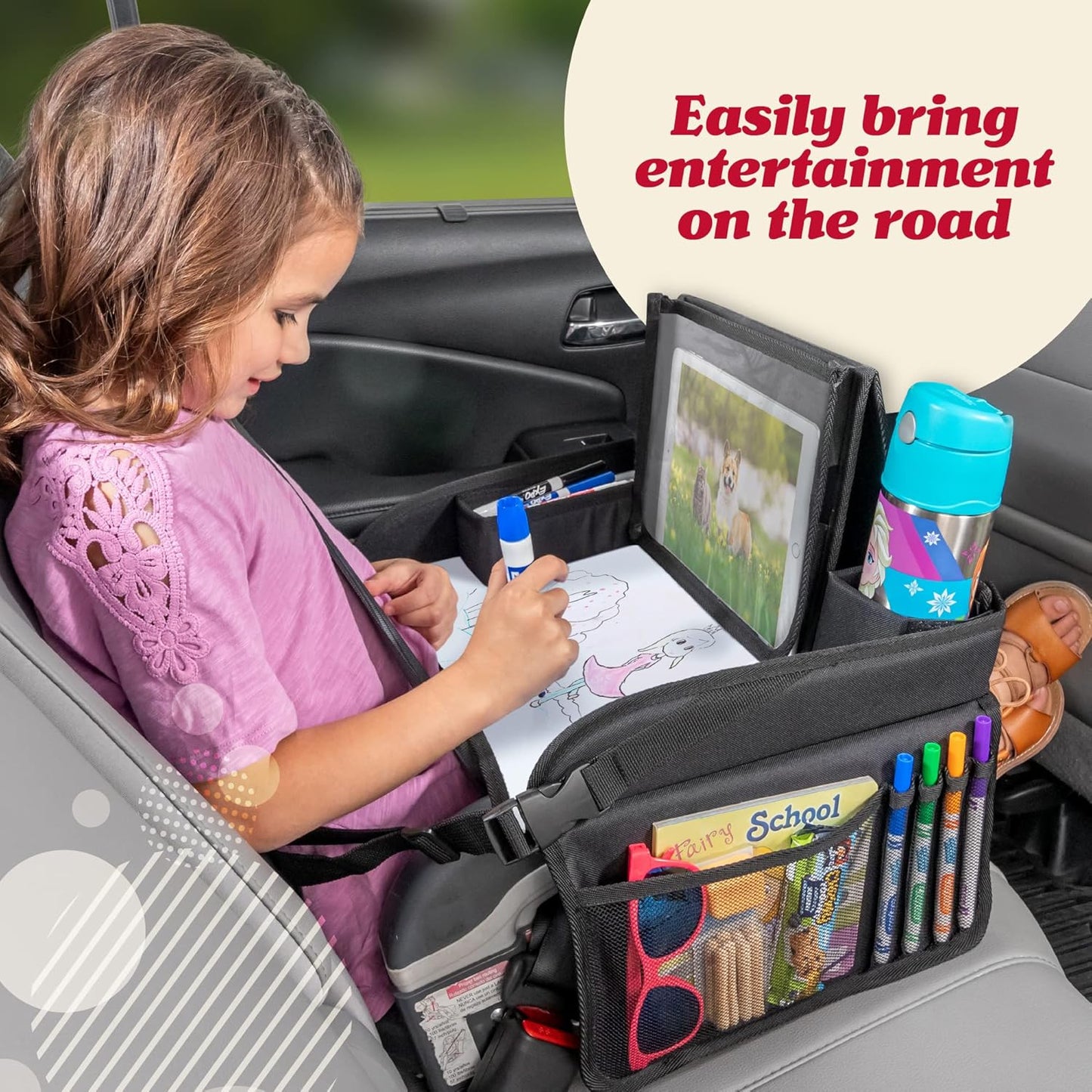 Lusso Gear Car Seat Travel Tray for Toddlers - Pink Unicorn, 600D Oxford Cloth - Dry Erase Activity Table & Tablet Holder - Airplane Tray Table Cover for Kids & Road Trip Essential