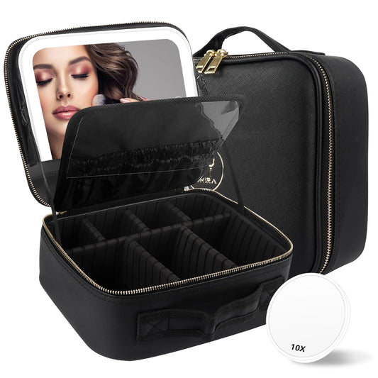 MOMIRA Travel Makeup Bag Cosmetic Bag with Lighted Mirror, Adjustable Brightness in 3 Color Scenarios, Waterproof, 10x Magnifying Mirror, Rotatable Independent Light Mirror- Black(Solid)
