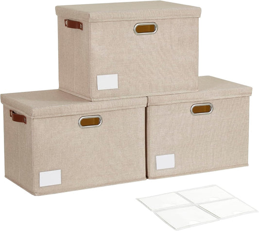 17" Large Collapsible Storage Bins with Lids, Stackable Closet Organizers with PU Handle and Labels, 3-Pack Decorative Fabric Storage Boxes for Home, Bedroom, Closet, Office, Nursery(Khaki)