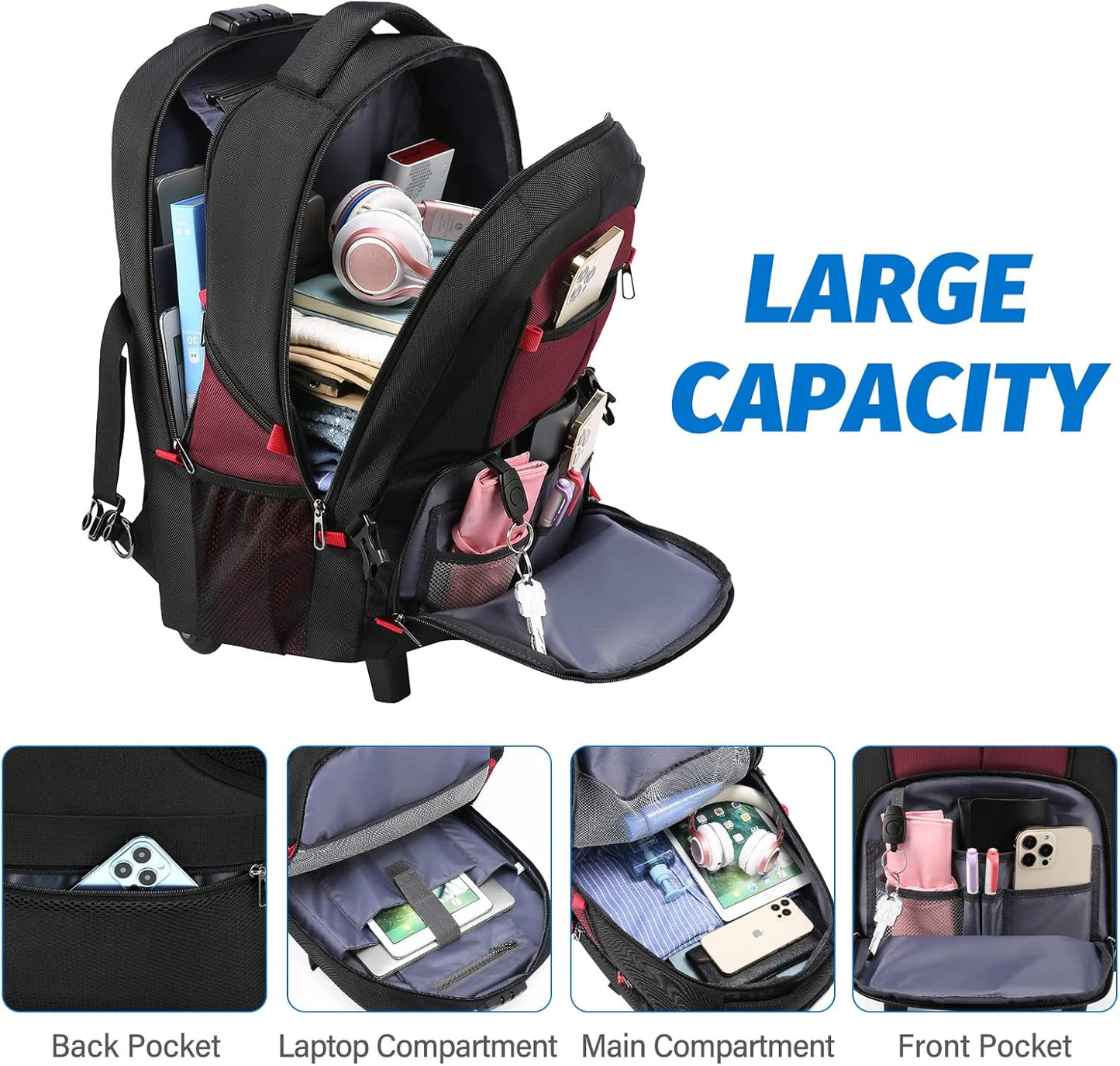 LOVEVOOK Rolling Laptop Backpack with Wheels, Waterproof Travel Carry On Business Backpack for Men, Fits 17 inch (17 inch, Red)