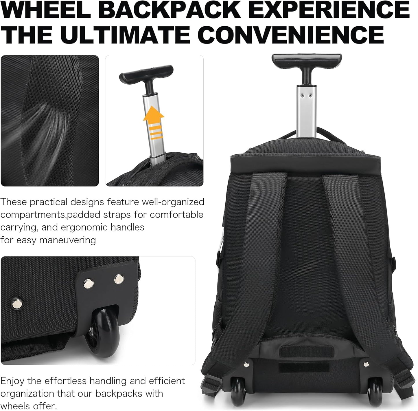 Boavan Rolling Backpack,17 inch Water Resistant Wheeled Backpack,Carry on Luggage Business Bag, Overnight College Computer Trolley Suitcase for Men Women Adults to Travel，Black