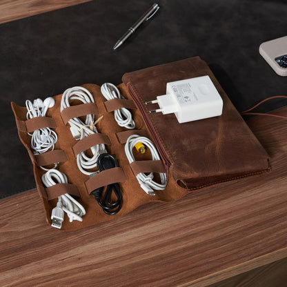 HARDISTON Custom Genuine Leather Electronic Cable Organizer Bag Handmade Travel Cord Organizer Roll Case for Hard Drives, Cables, Charger, Phone, USB, SD Card (Large - Brown)