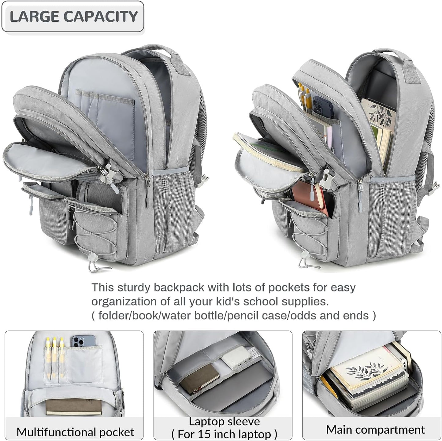 Lohol Water Resistant Daypack with Mulitiple Pockets for School Travel Outdoor College, 15.6 inch Laptop Backpack for Men and Women (Grey)