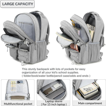 Lohol Water Resistant Daypack with Mulitiple Pockets for School Travel Outdoor College, 15.6 inch Laptop Backpack for Men and Women (Grey)