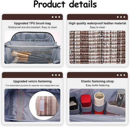 Travel Makeup Bag for Women: Large Capacity Open Flat Make up Bag Set of 3 - Vegan Leather Cosmetic Bag with Compartments - Waterproof Toiletry Bag with Handle & Divider(Brown)