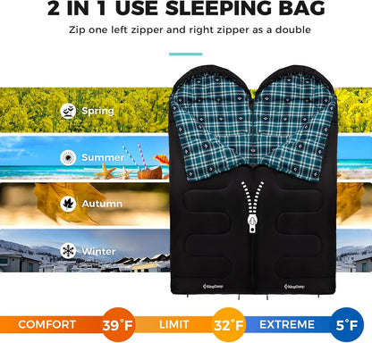 KingCamp Sleeping Bag for Adults, Cold Weather & Warm XL Big and Tall Flannel Sleeping Bags with Compression Sack Portable Waterproof Essentials Gear Accessories for Outdoor Camping