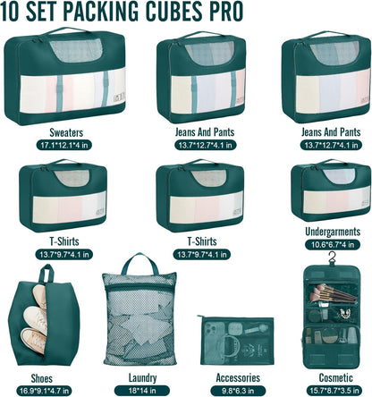 Veken 10 Set Packing Cubes for Travel Essential, Suitcase Organizer Bags in 4 Sizes, Carry-On Luggage Accessories with Large Laundry & Hanging Toiletry Bag, Must-Have for Airplane, Road Trip & Camping
