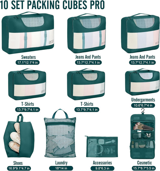 Veken 10 Set Packing Cubes for Travel Essential, Suitcase Organizer Bags in 4 Sizes, Carry-On Luggage Accessories with Large Laundry & Hanging Toiletry Bag, Must-Have for Airplane, Road Trip & Camping