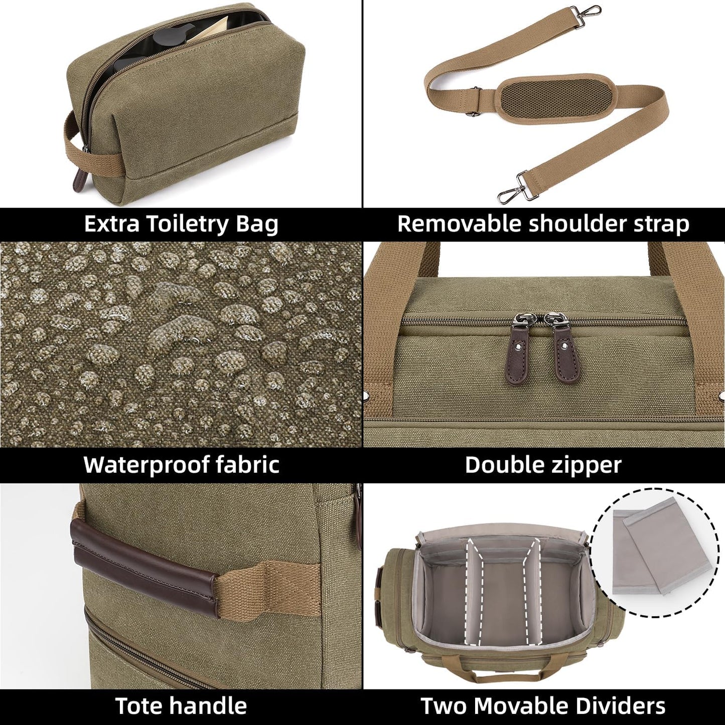 ZOMFELT Duffle Bag for travel, 40L Canvas Travel Duffel Bags for Men Women, Water Resistant Overnight Weekender Bag with Toiletry Bag & Shoe Compartment, Carry on Luggage Bag for Travel, Gym, Green