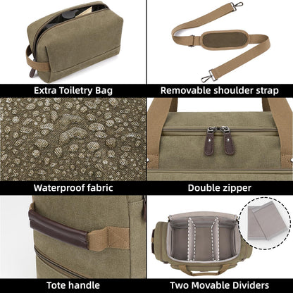 ZOMFELT Duffle Bag for travel, 40L Canvas Travel Duffel Bags for Men Women, Water Resistant Overnight Weekender Bag with Toiletry Bag & Shoe Compartment, Carry on Luggage Bag for Travel, Gym, Green