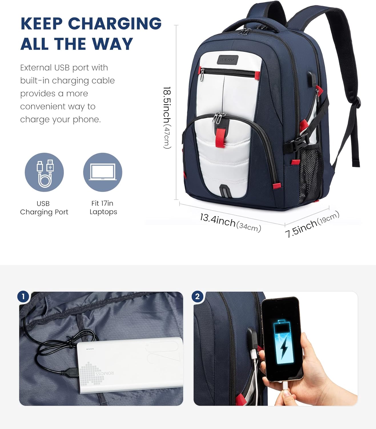 LOVEVOOK 17 inch Blue&White Travel Laptop Backpack with USB Charging Port, Anti-Theft, Water-Resistant, Modern Practical Unisex College/University Backpack