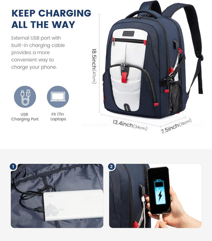 LOVEVOOK 17 inch Blue&White Travel Laptop Backpack with USB Charging Port, Anti-Theft, Water-Resistant, Modern Practical Unisex College/University Backpack