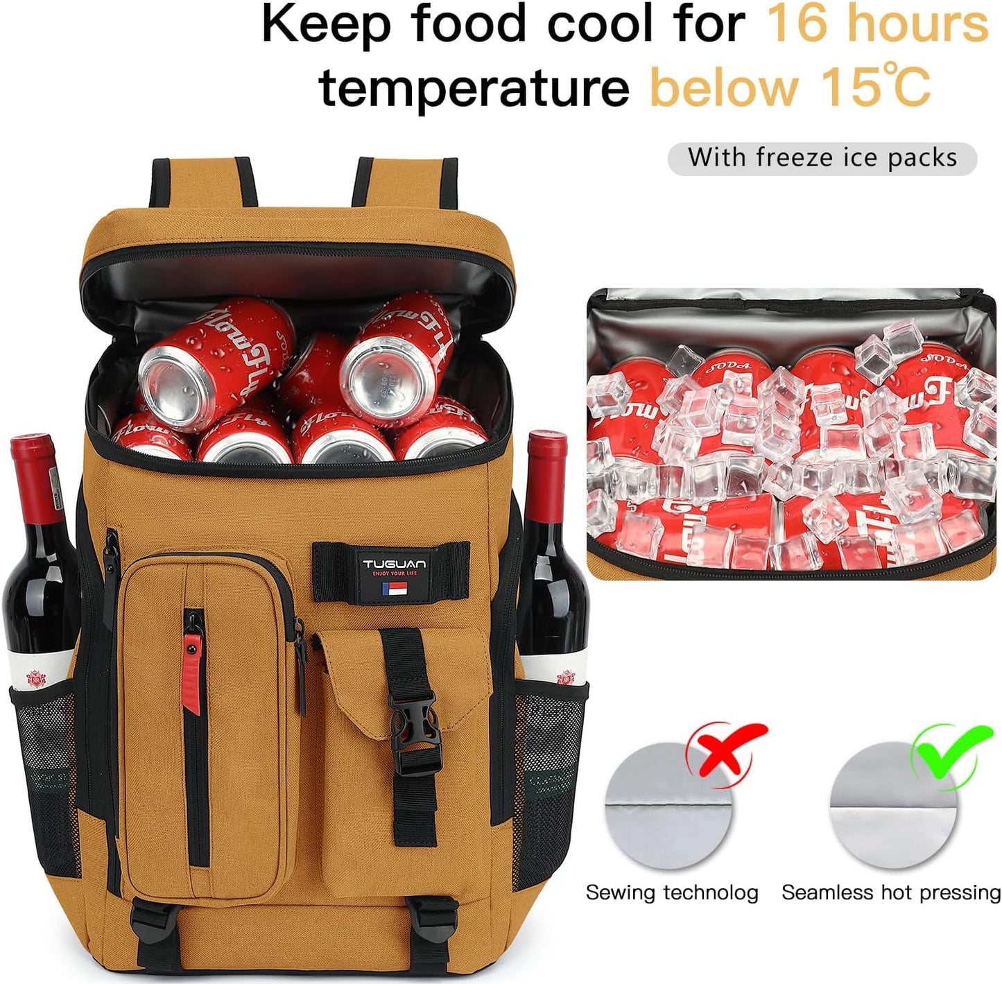 TUGUAN Cooler Backpack 36 Cans Insulated Leak Proof Lightweight Lunch Backpack for Men Work Portable Travel Thermal Bag Compartment Camping Hiking Beach Pincnic Cooler for Women
