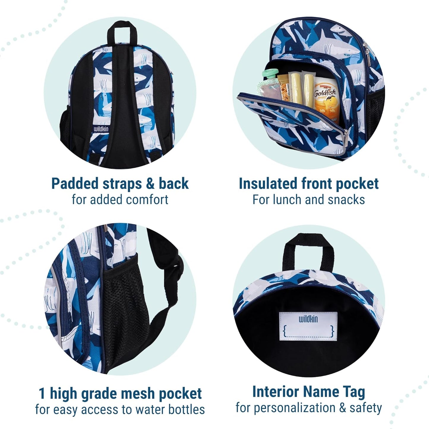 Wildkin 12-inch Kids Backpack – Padded, Adjustable, Ideal for Daycare & Travel - Sharks