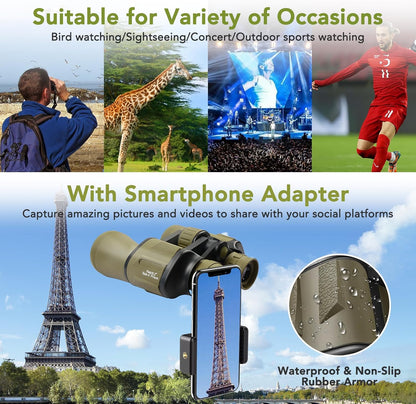 20x50 Binoculars for Adults High Powered, Military Compact HD Waterproof Binoculars with Low Light Vision for Bird Watching Travel Hunting Football Games Stargazing with Carrying Case and Strap(Mud)