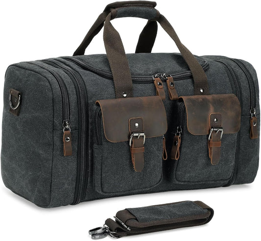 Canvas Duffle Bag with Genuine Leather Accents, Expandable 20-23 Inch Travel Weekender, Multiple Pockets, Black